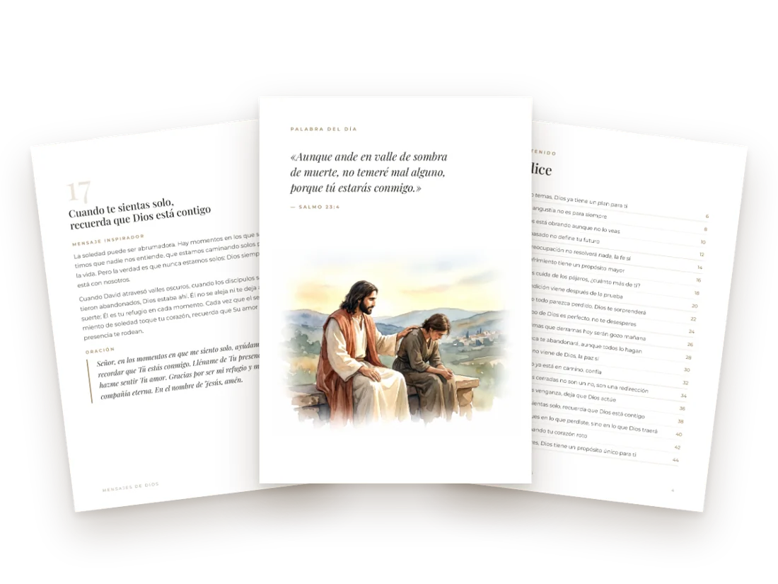 Páginas interiores del libro: mensaje, versículo con ilustración e índice
